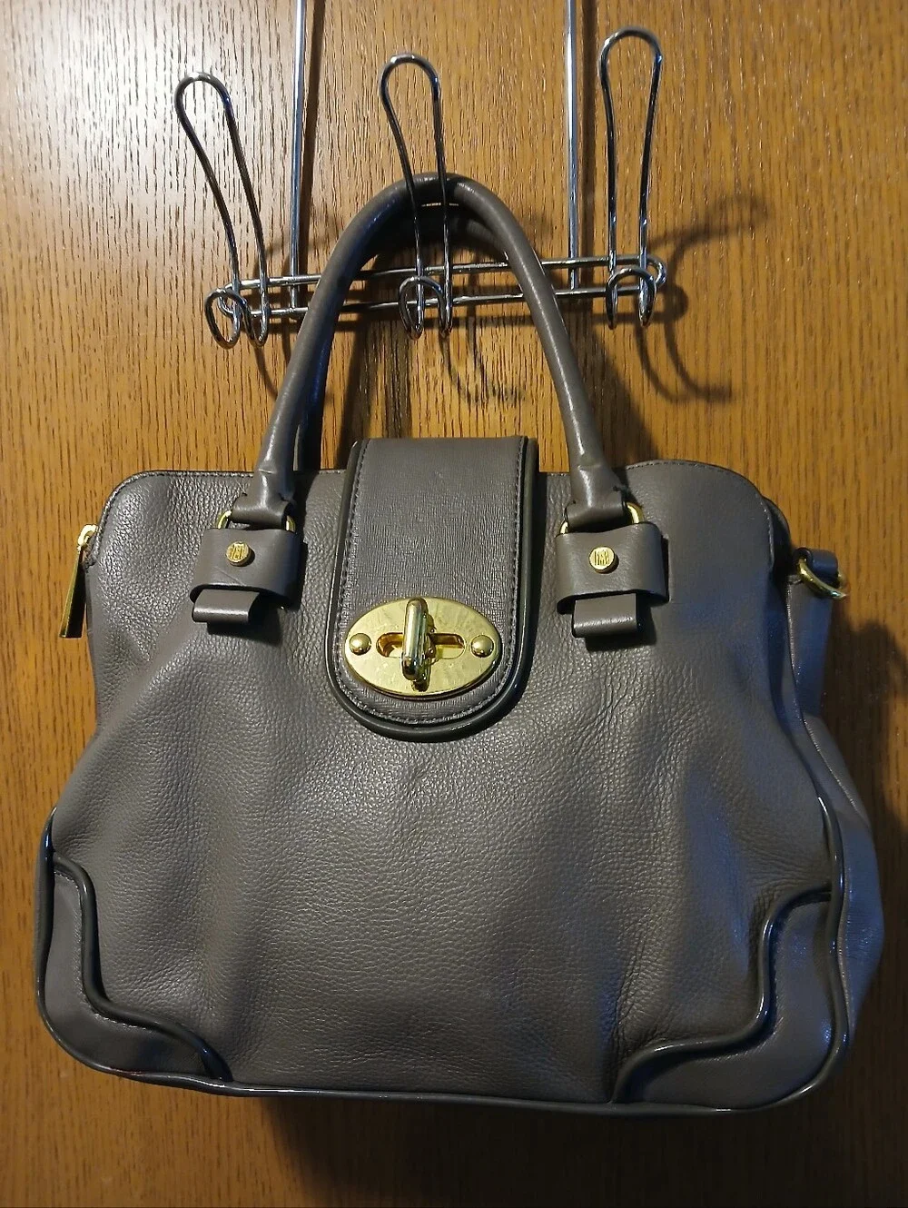​Antonio Melani Taupe Gray Pebble Leather Turnlock Satchel Bag Logo Lined